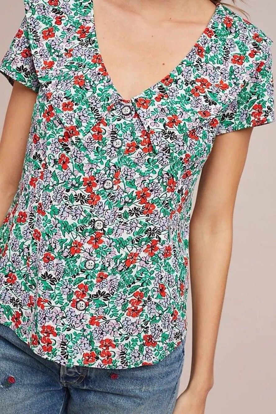 Maeve Anthropologie Colorful Floral Print Austen Collared Blouse Size 4 Peasant
